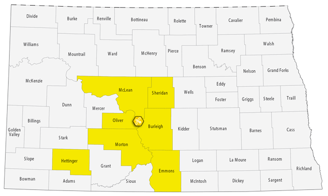 North Dakota Map with Harvest Honey, inc. Counties and HQ image
